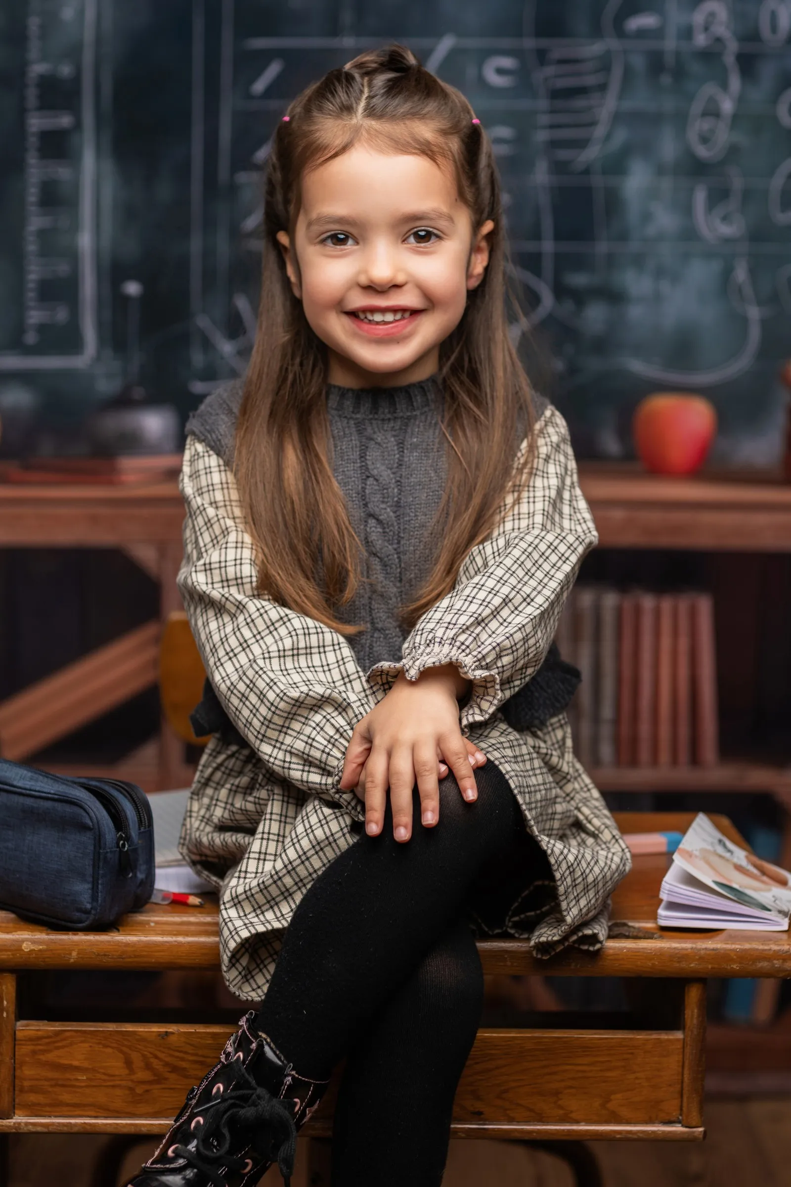 Petite fille sur un banc d'école devant le tableau noir, mini séance rentrée scolaire