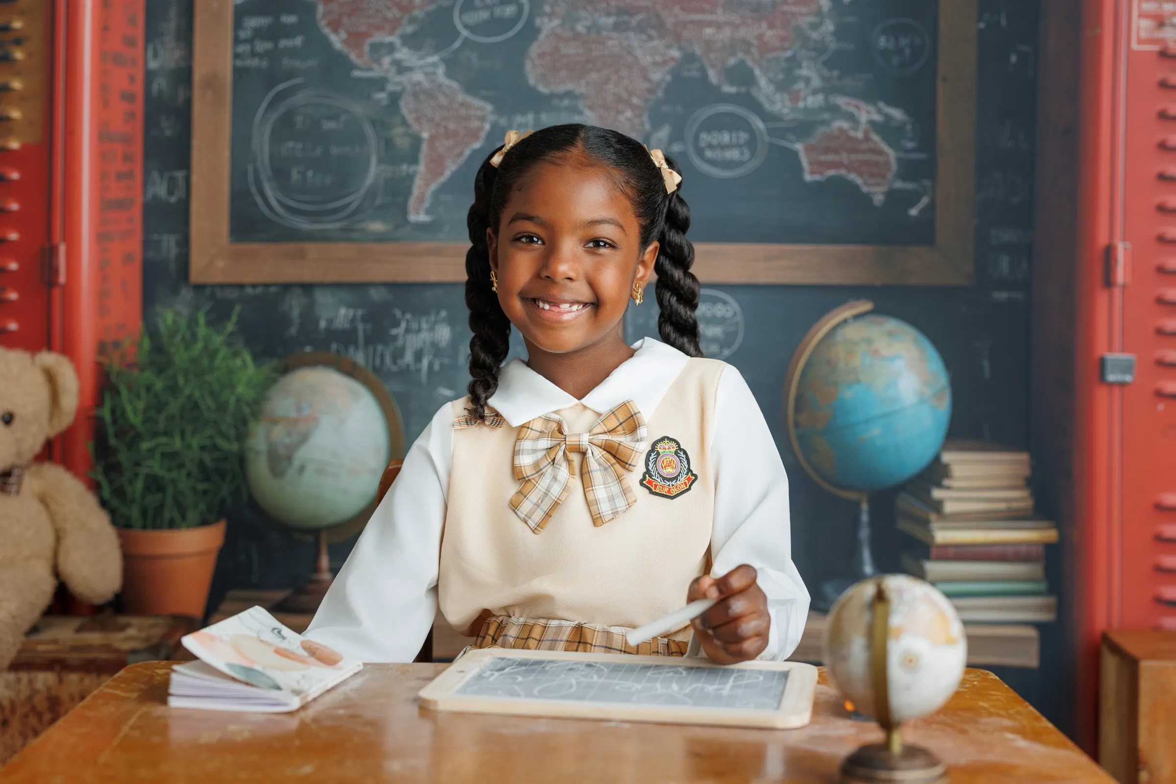 Petite fille souriante en uniforme d'écolière, une ardoise et des globes terrestres sur le bureau, mini séance rentrée scolaire au studio près de Toulouse