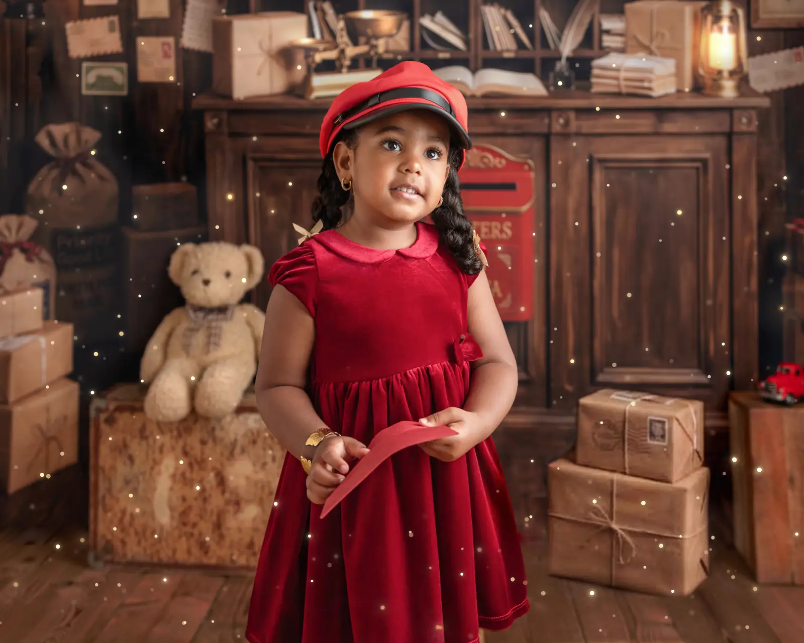 Enfant tenant son enveloppe pour le Père Noël devant les casiers à courrier du décor de Noël, Emilie Colusso photographe à Roquettes près de Toulouse