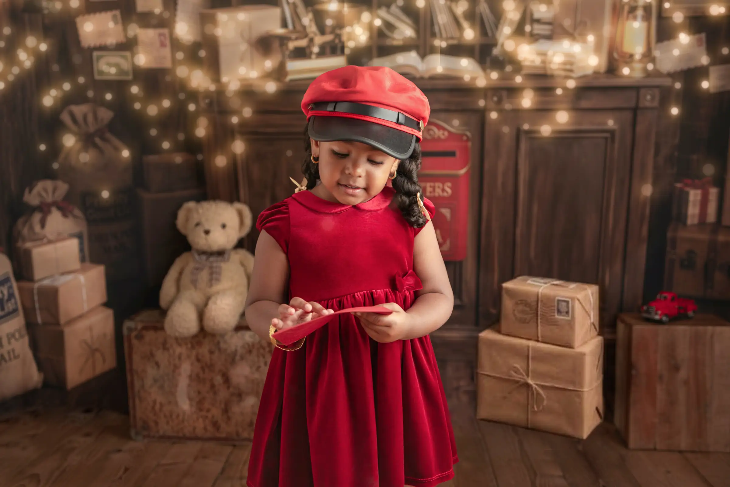 Petite fille en robe rouge lisant sa lettre au Père Noël sous les guirlandes lumineuses, mini séance photo de Noël au studio de Roquettes près de Toulouse, Emilie Colusso photographe