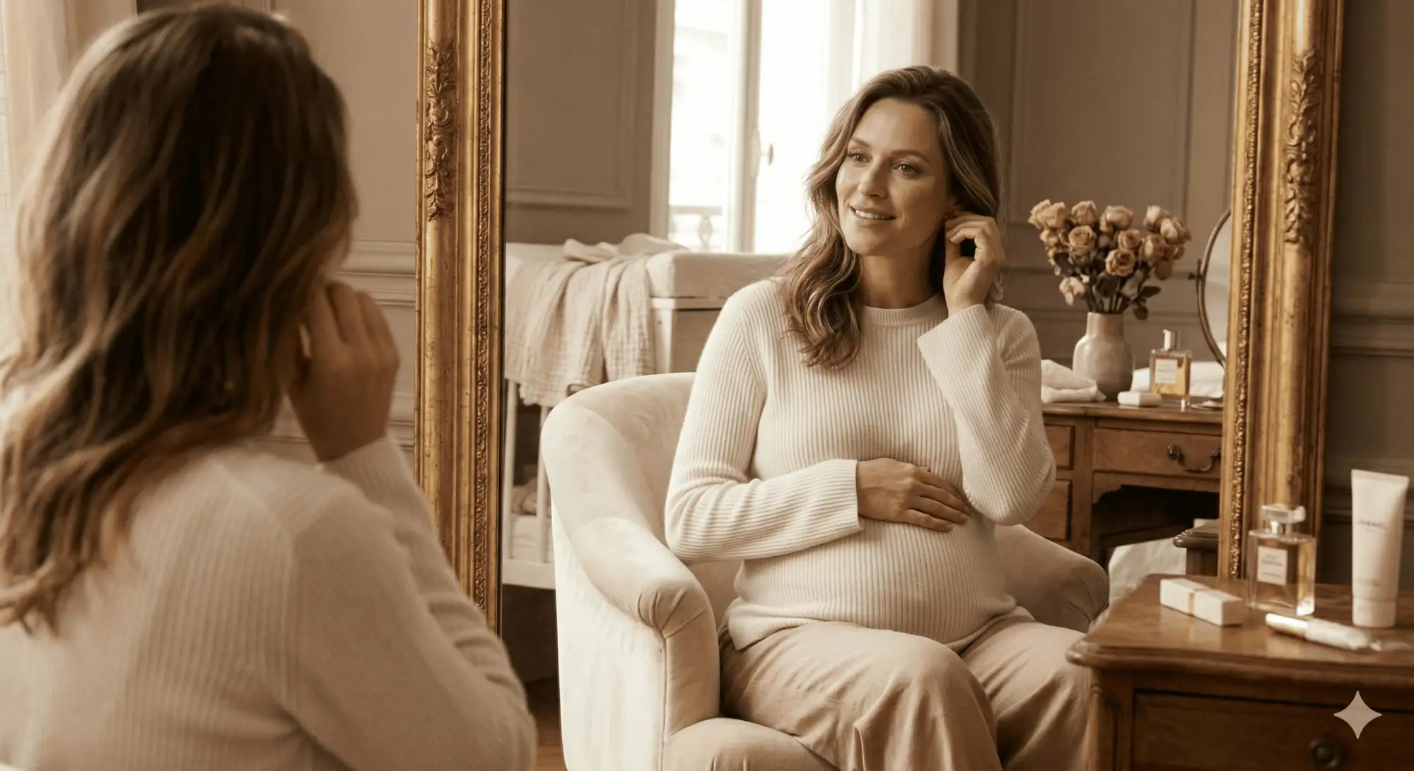Portrait de future maman au maquillage naturel, séance grossesse en studio