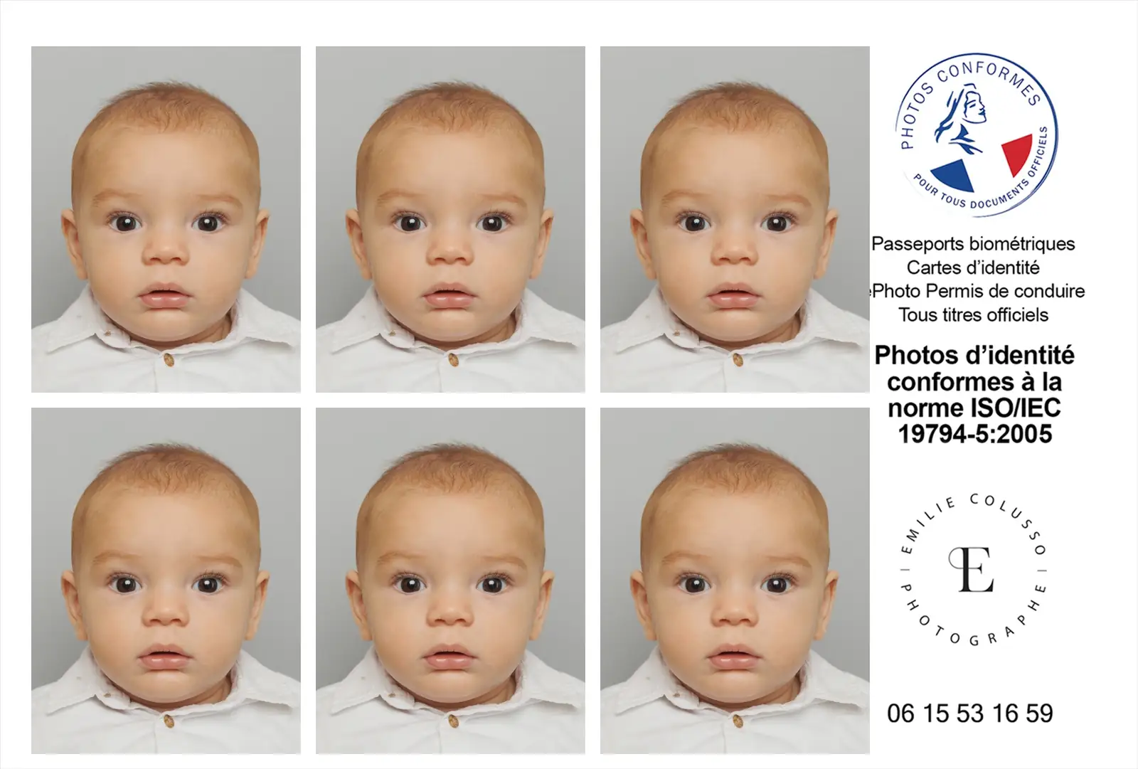 Planche de 6 photos d'identité d'un bébé, conformes aux normes ANTS, réalisée au studio près de Toulouse, Emilie Colusso photographe